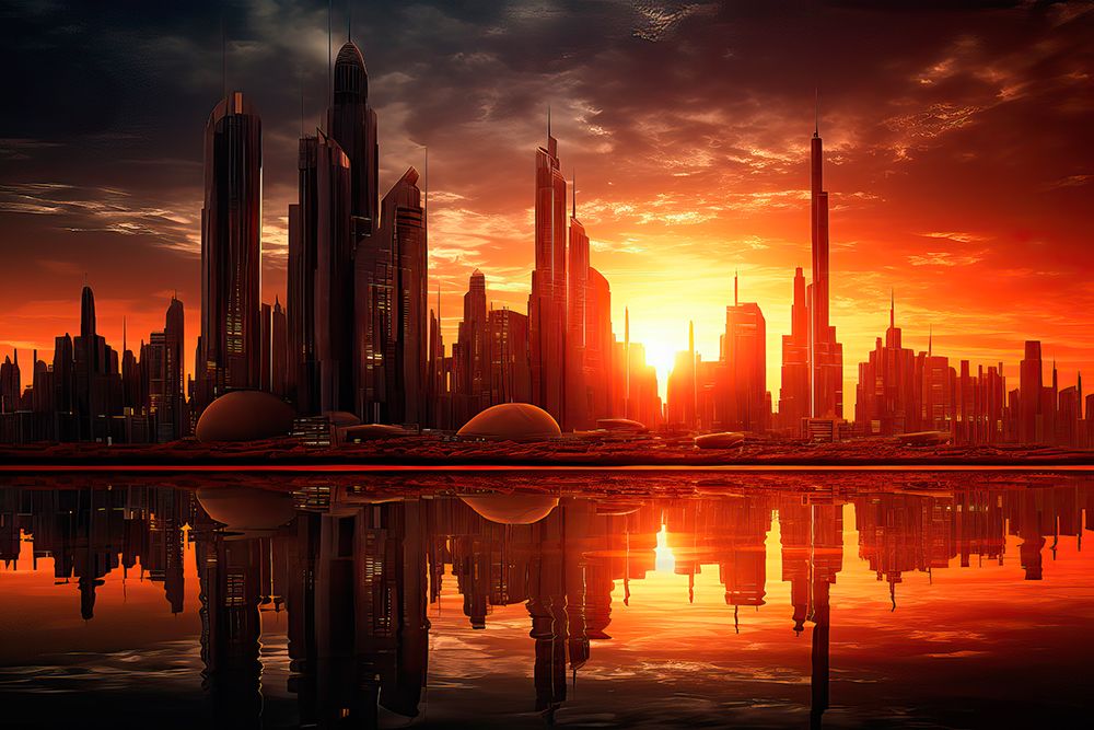Water reflection of futuristic city skyline at sunrise. AI Generated.
